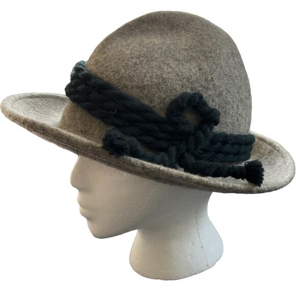 German Alpine Hiking Hat 100% Wool Gray Navy Blue Ribbon 57 cm - Picture 3 of 9